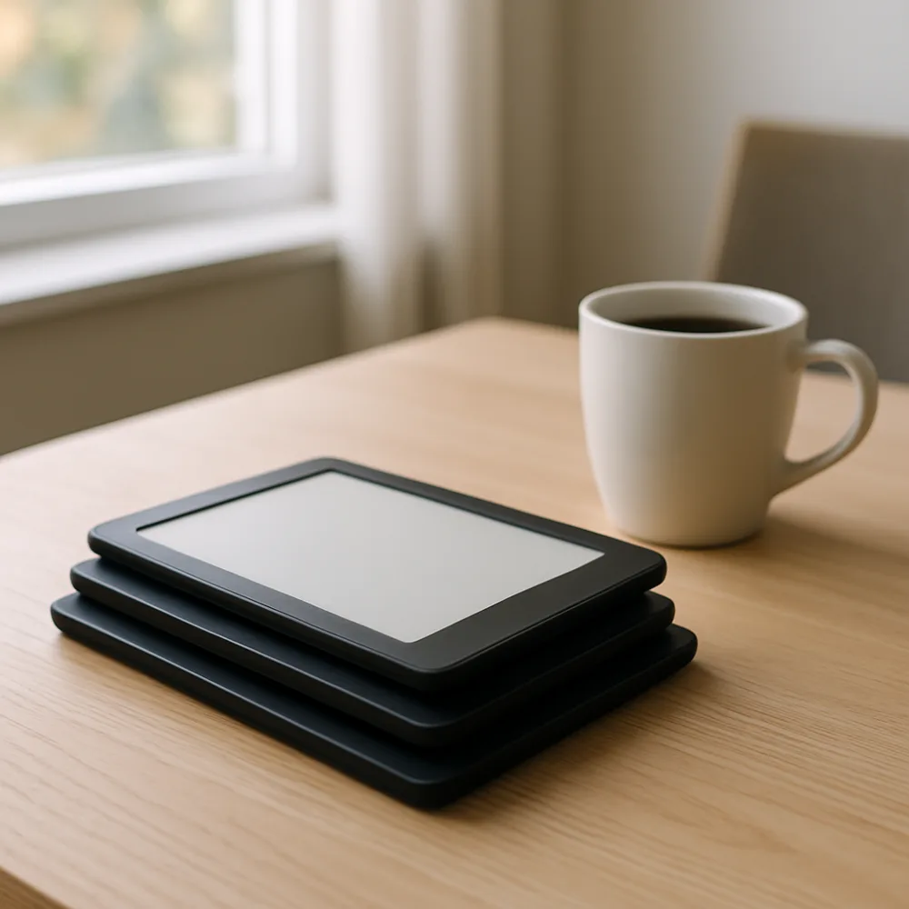 Generiska läsplattor med e-bläckskärmar och kaffemugg på ett nordiskt skrivbord