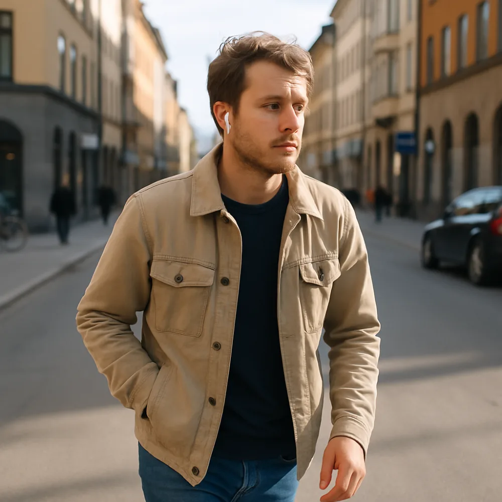 Person promenerar med öronsnäckor på en solig stadsgata i Sverige