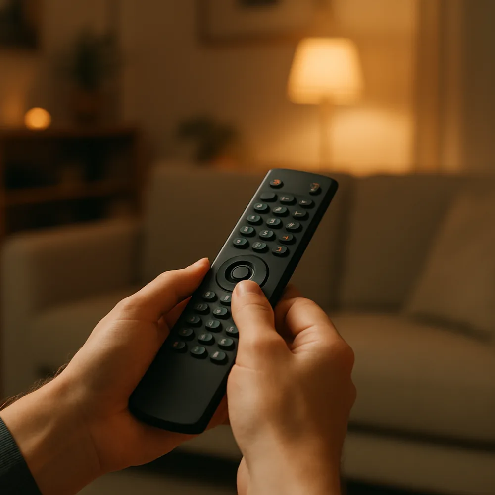 Händer håller tv-fjärrkontroll i varmt upplyst nordiskt vardagsrum