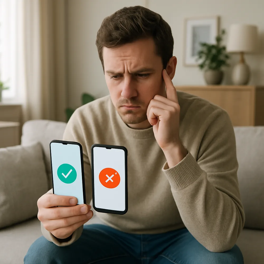 Person jämför appar på generisk smartphone i nordiskt vardagsrum med fundersam min