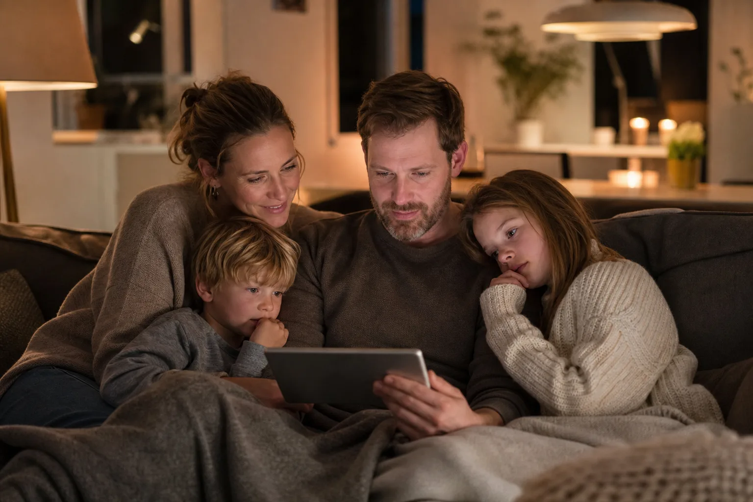 Familj tittar tillsammans på surfplatta i soffa, varm kvällsstämning i nordiskt hem