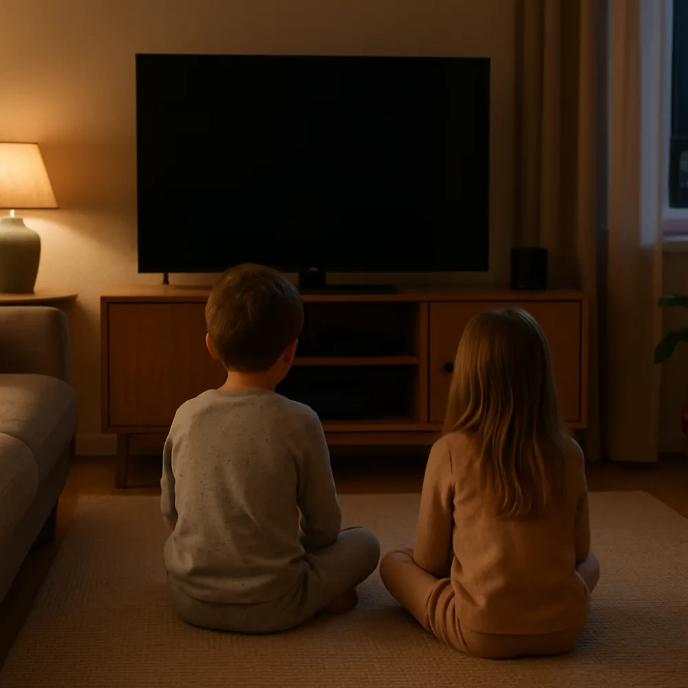 Barn i pyjamasar sitter på golvet framför TV i nordiskt vardagsrum på kvällen