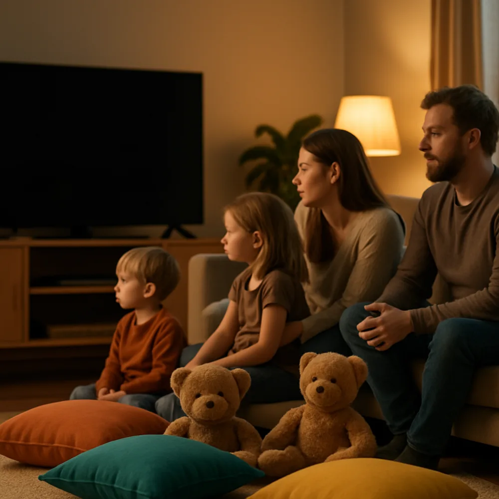 Barnkuddar och teddybjörnar framför en suddig TV i ett varmt kvällsljus