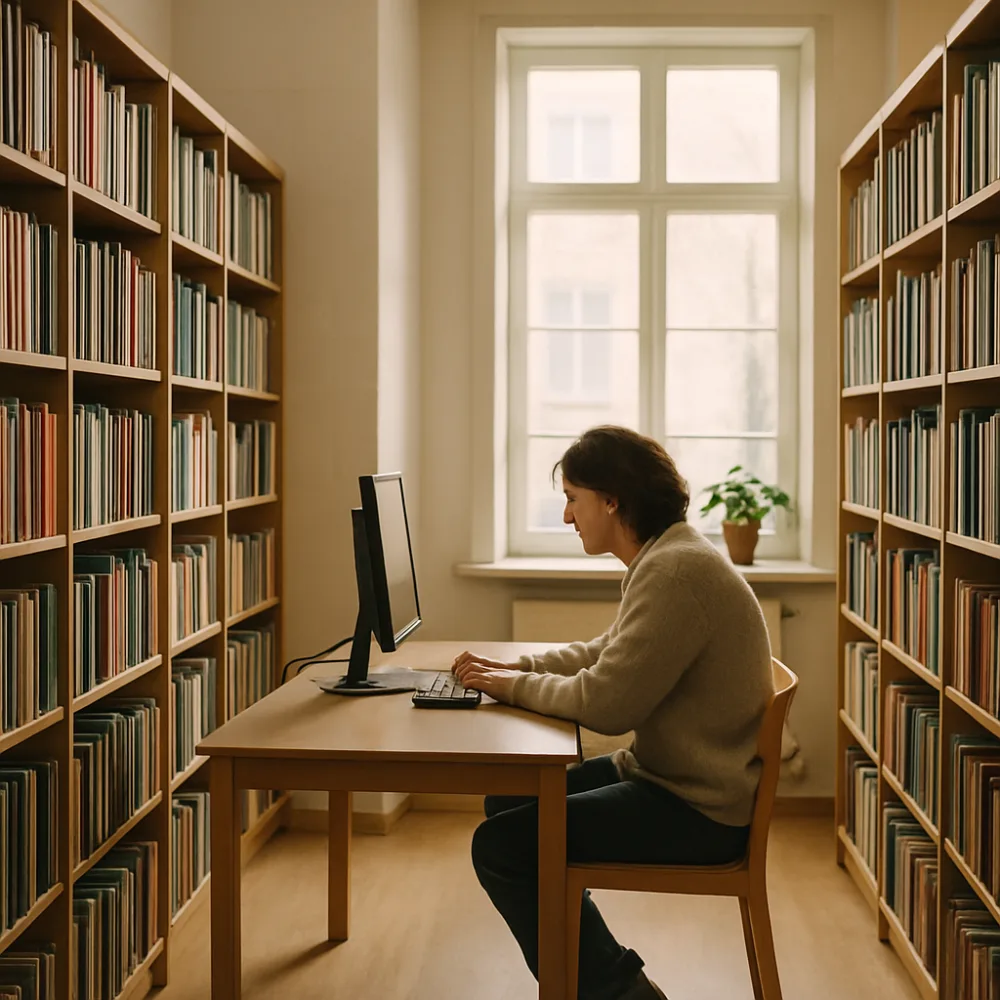 Nordiskt folkbibliotek med höga bokhyllor och person vid dator i dagsljus
