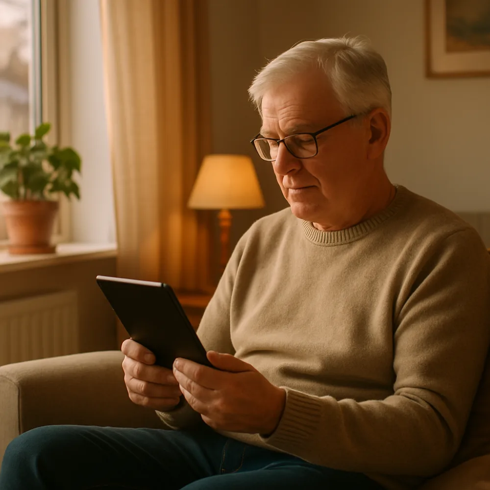 Pensionär läser på omärkt läsplatta vid soligt fönster i nordiskt vardagsrum