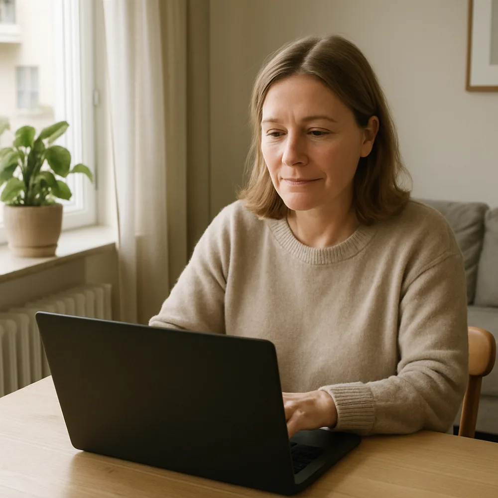 Person sitter vid fönster med laptop i dagsljus och tittar på skärmen