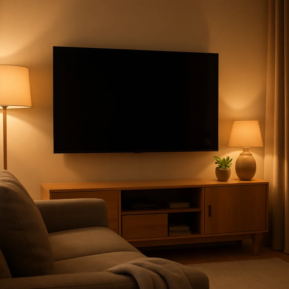 Smart-tv på vägg i mysigt nordiskt vardagsrum med varmt lampljus