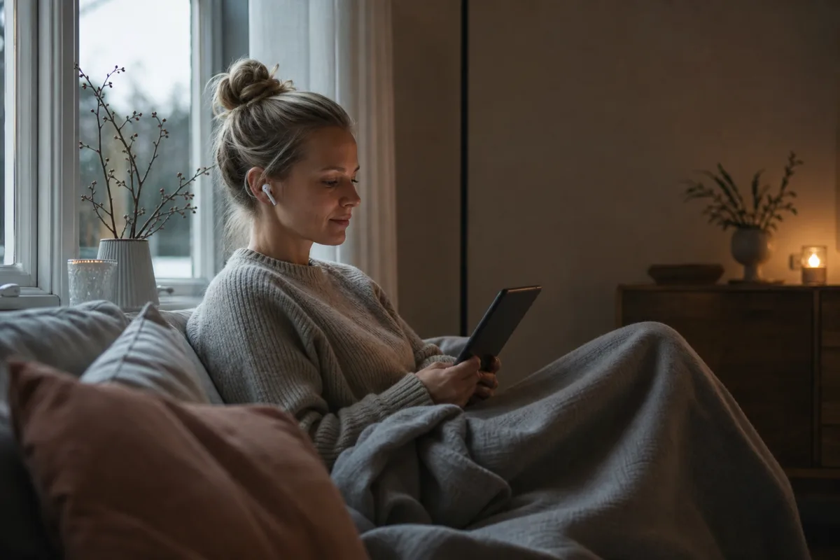 Person läser e-bok på läsplatta vid ett fönster i nordiskt dagsljus