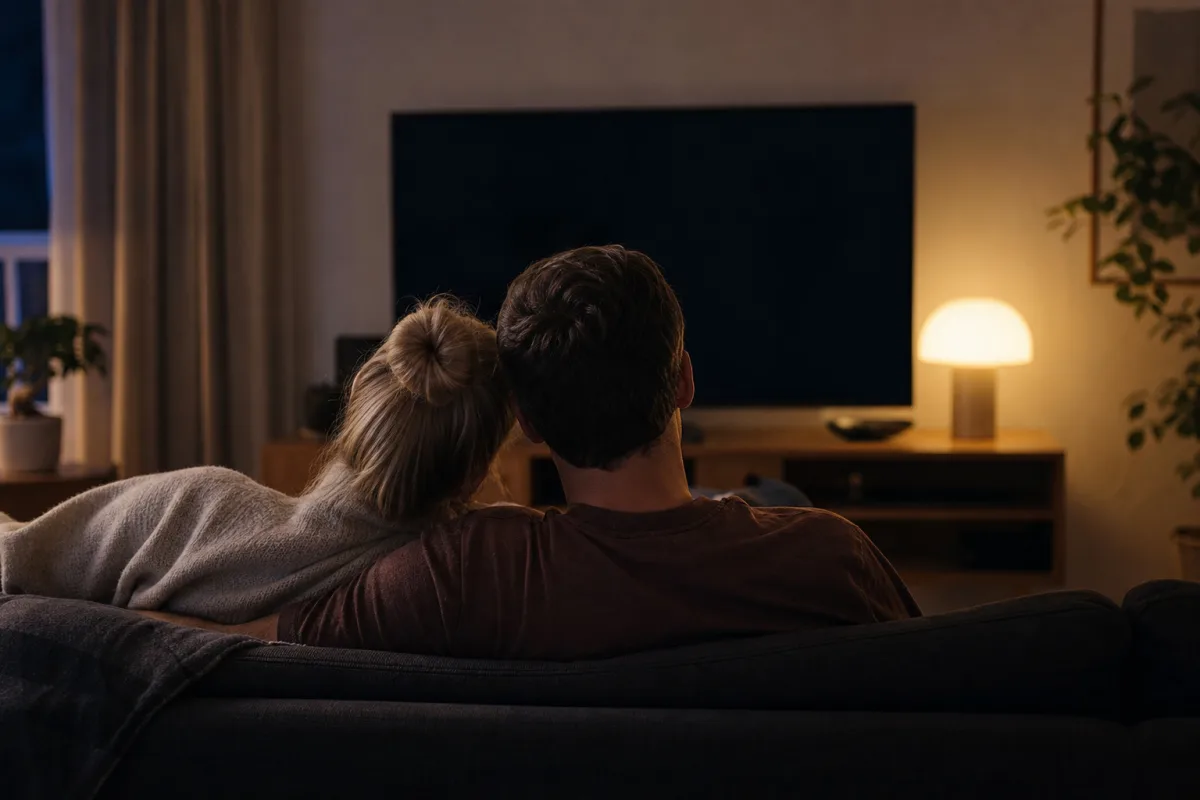 Par sitter i en mysig soffa och tittar på film en kväll