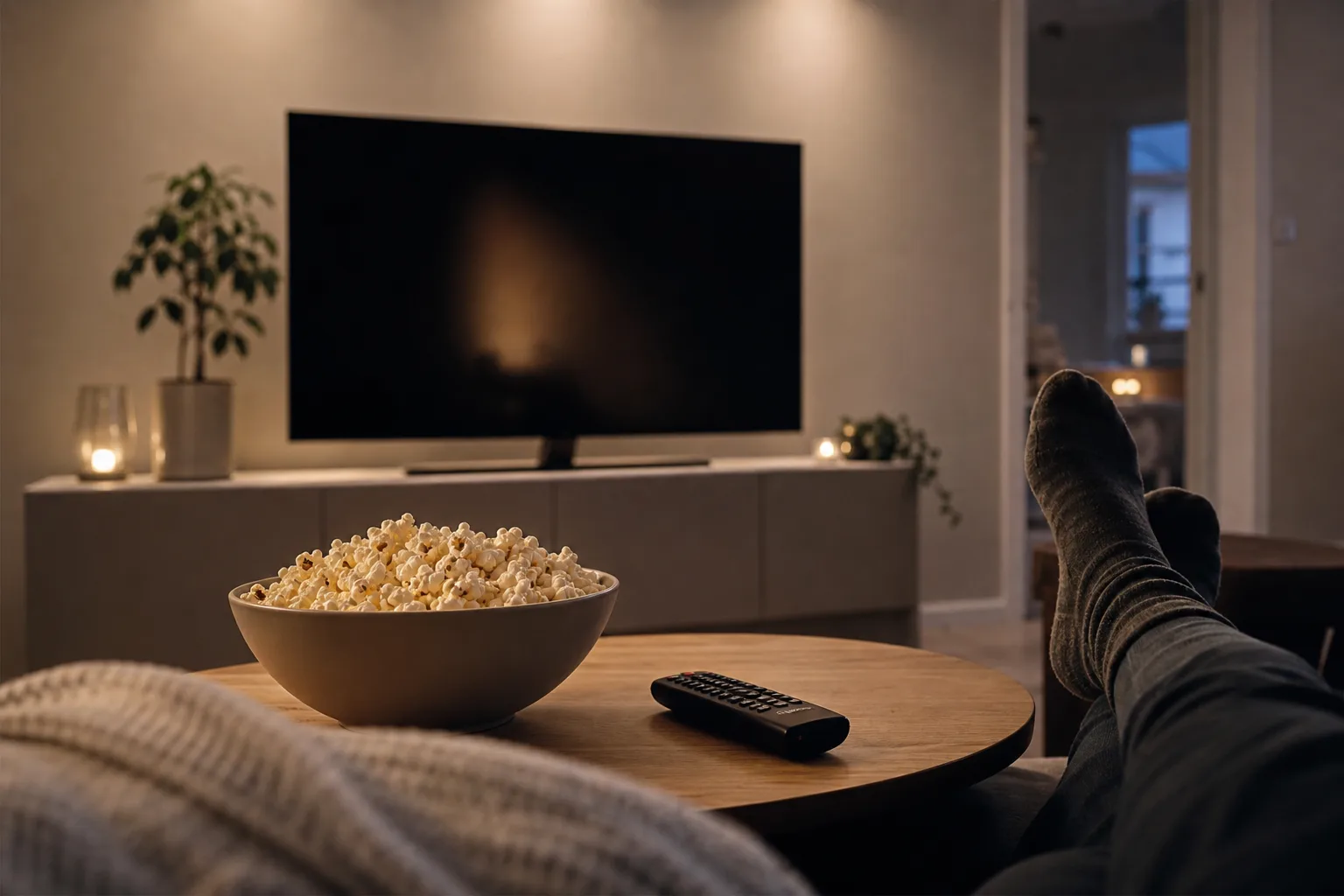 Popcorn och fjärrkontroll på soffbord framför TV, mysig filmkväll hemma