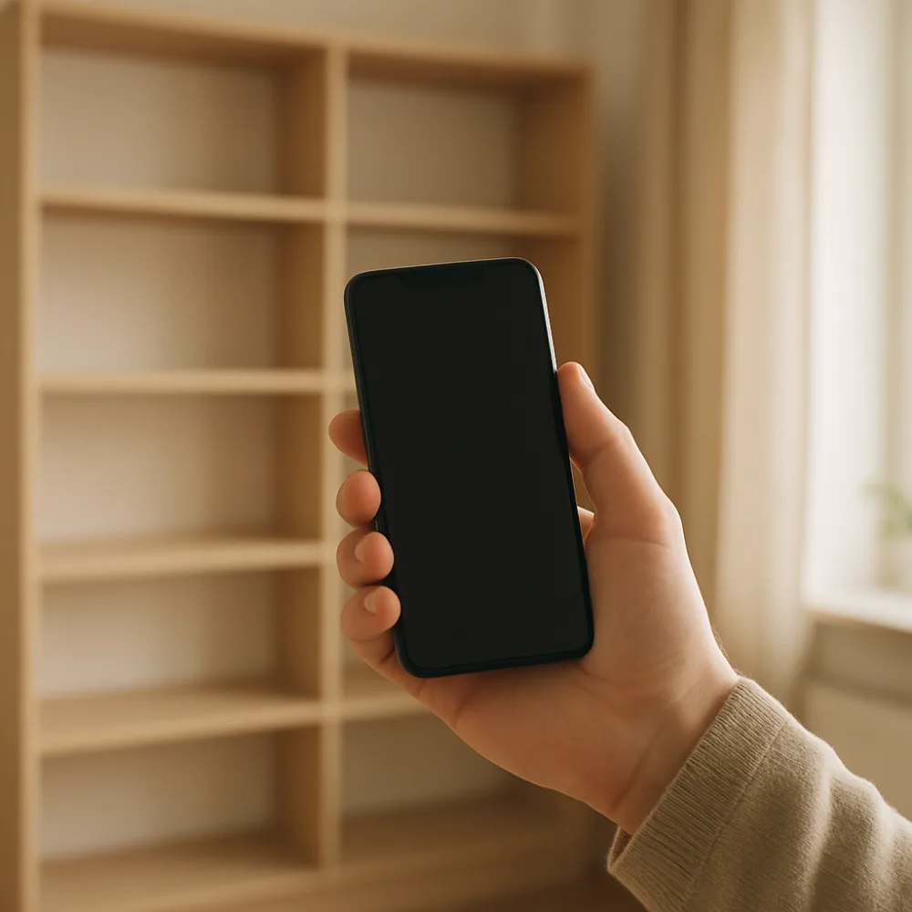 Person håller smartphone i handen framför digital bokhylla i nordisk hemmiljö