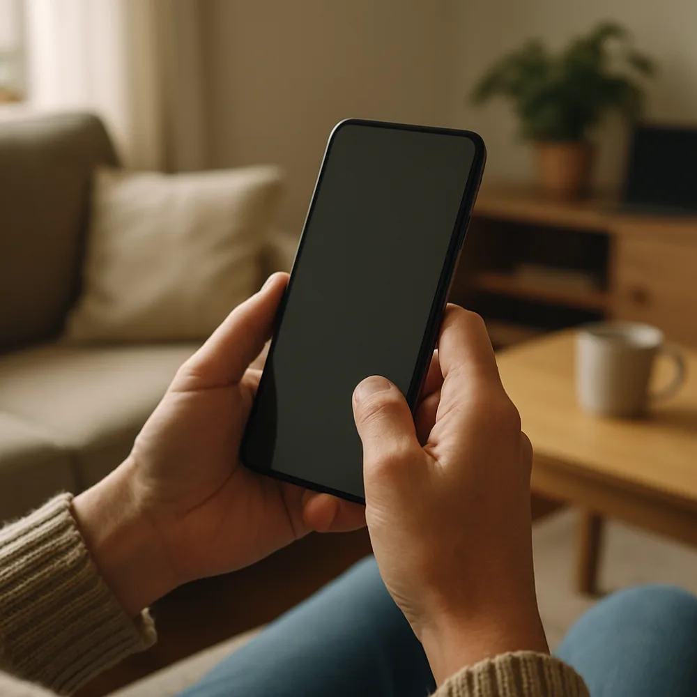Händer med stor omärkt smartphone, läser i mysigt nordiskt vardagsrum, naturligt ljus