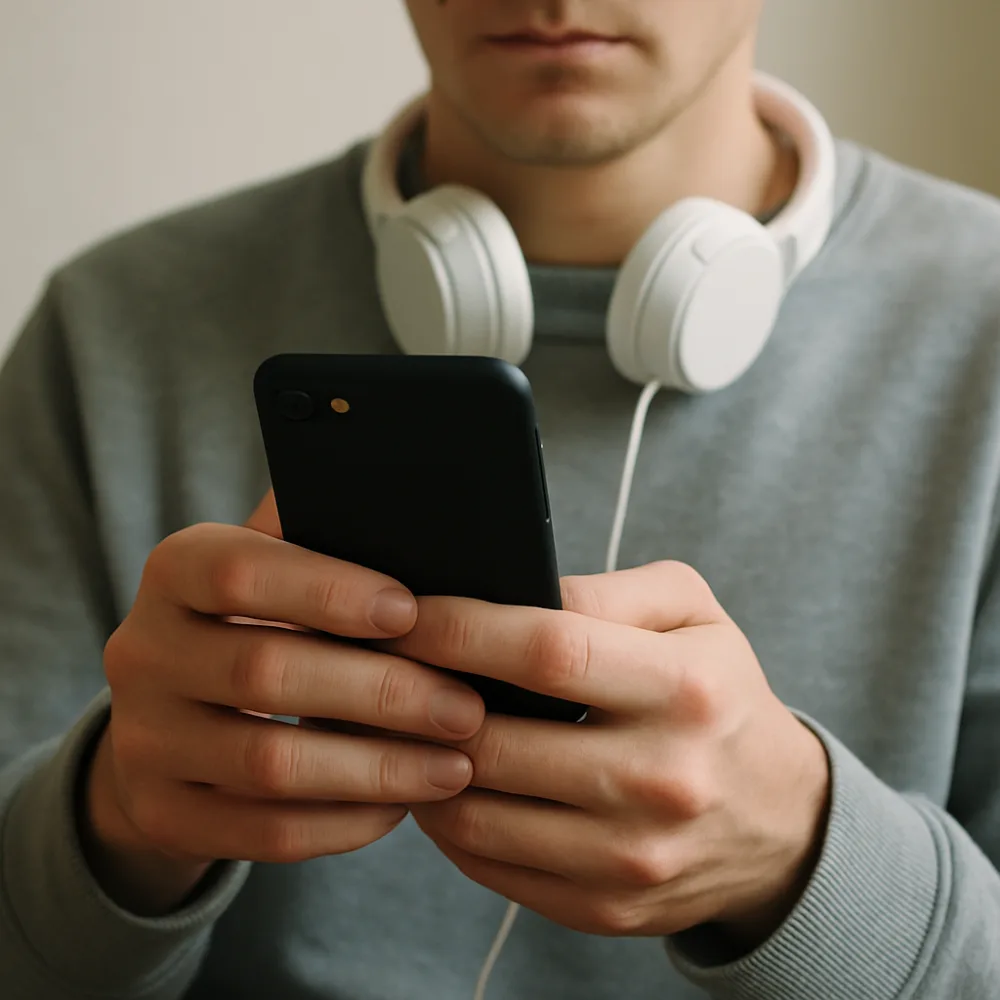Händer håller en omärkt smartphone med vita hörlurar runt halsen