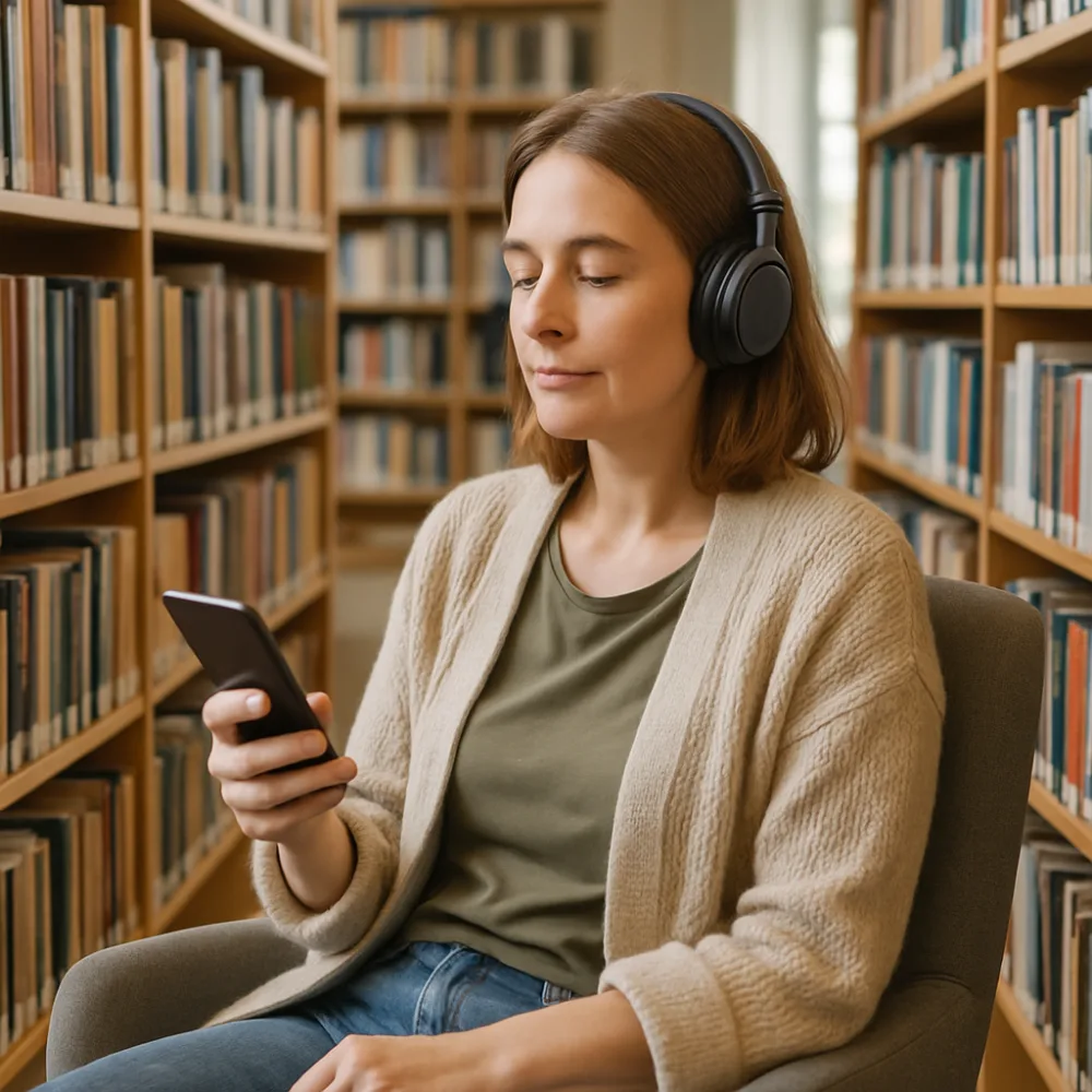 Person med hörlurar lyssnar på ljudbok i ett folkbibliotek i Sverige