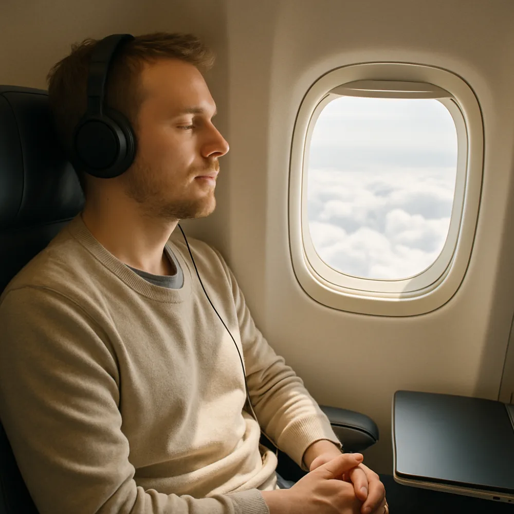 Person med hörlurar lyssnar på ljudbok vid ett flygplansfönster med utsikt mot molnen