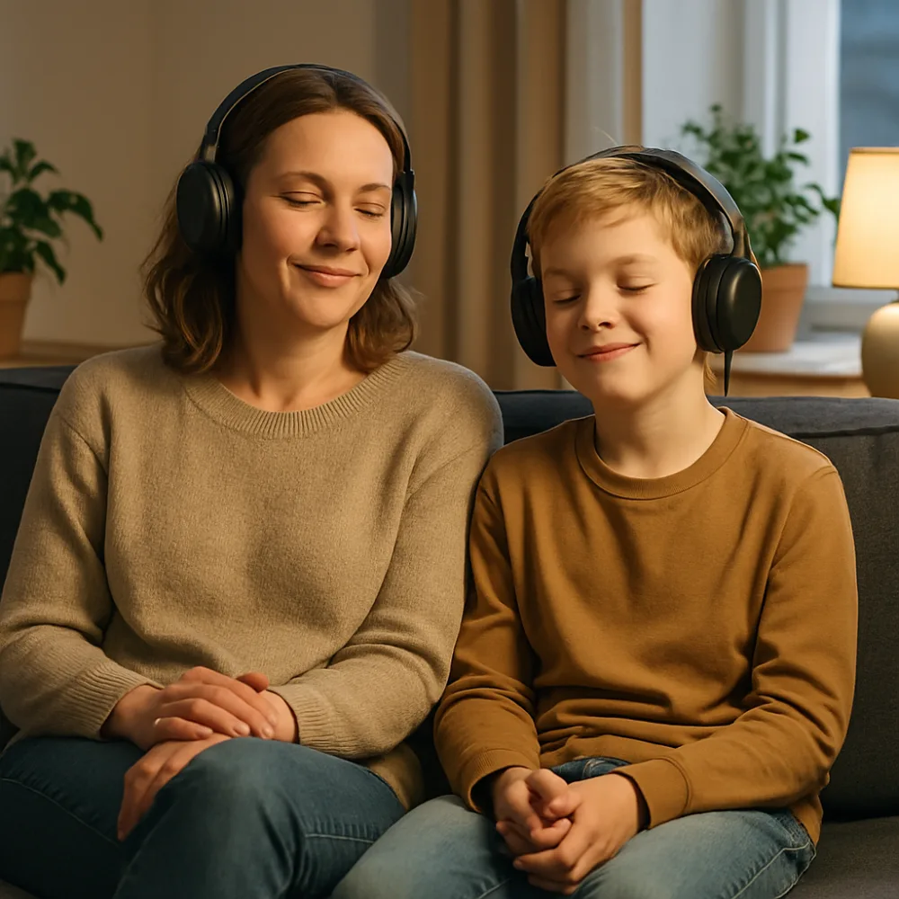 Förälder och barn lyssnar tillsammans med hörlurar i en soffa hemma