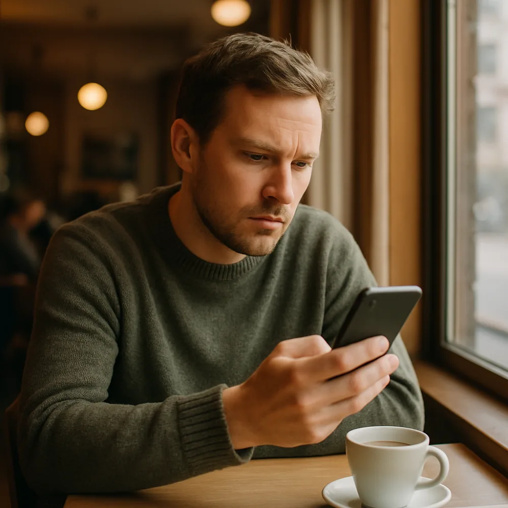 Person tittar eftertänksamt på sin mobiltelefon vid ett kafé med kaffekopp bredvid