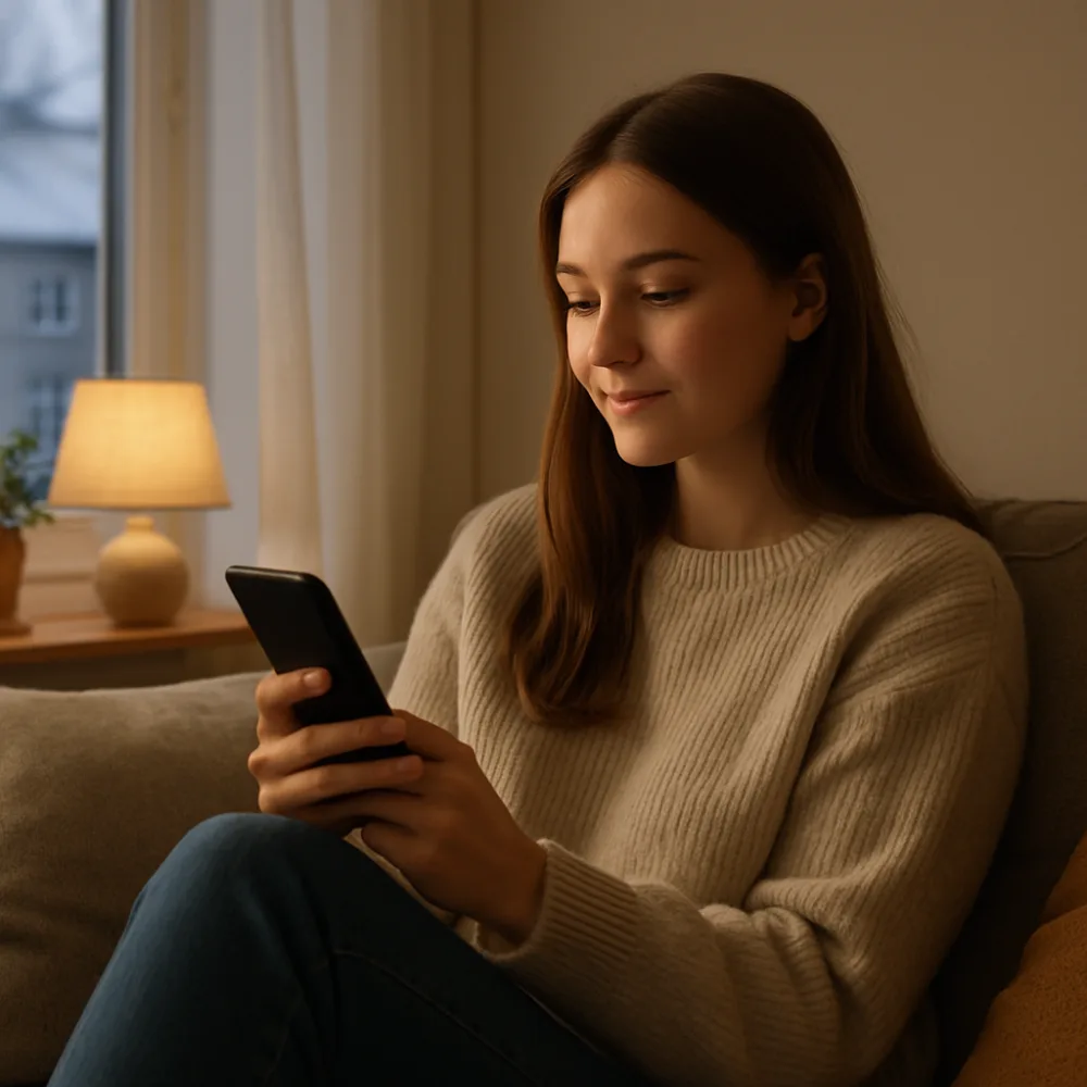 Person scrollar på mobiltelefon i soffa med mjukt vinterljus