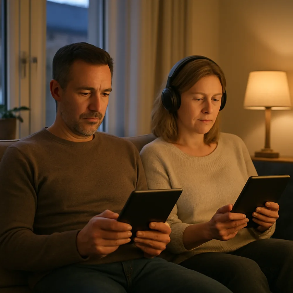 Två vuxna sitter i soffa och lyssnar på var sin enhet under kvällen