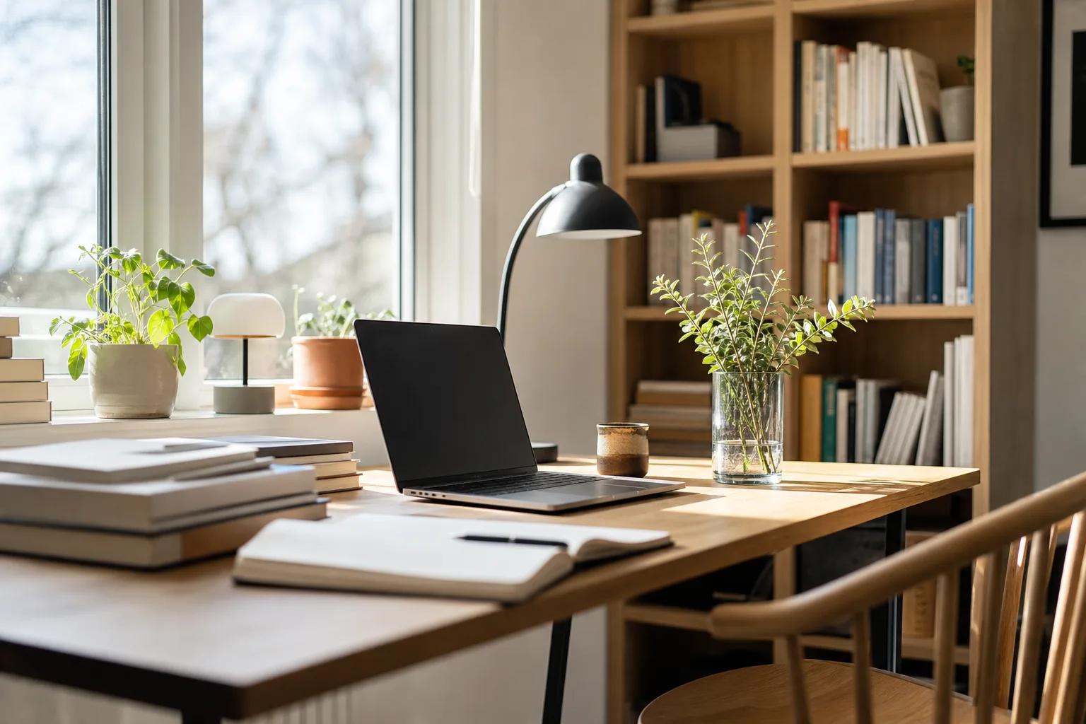 Välordnat skrivbord med laptop och böcker i ett ljust redaktionsrum