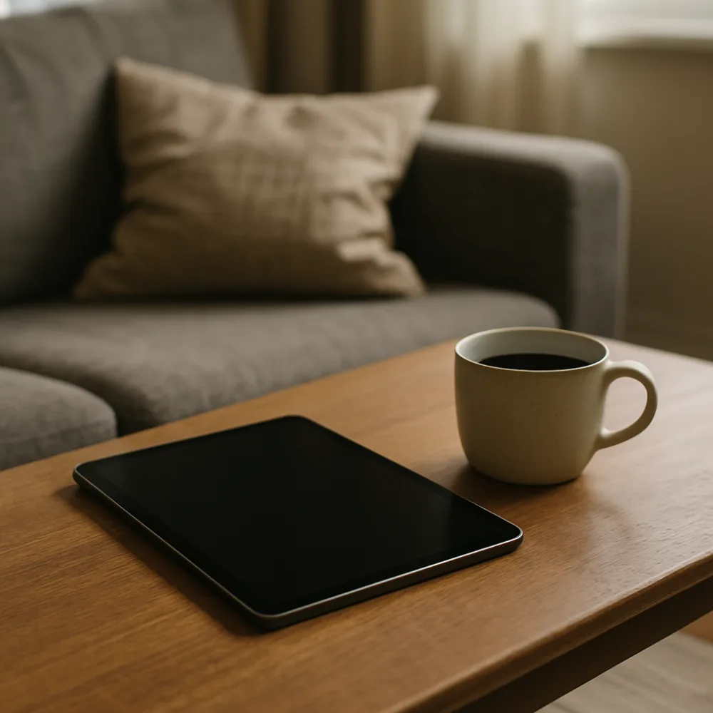 Surfplatta på soffbord bredvid kaffekopp utan synlig skärmbild