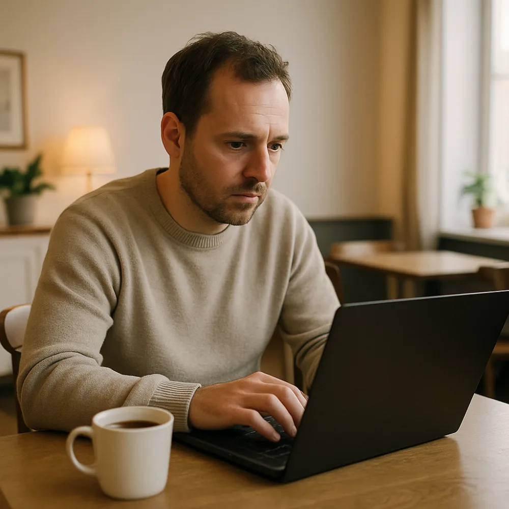 Person arbetar vid laptop på ett kafé, neutralt och välordnat