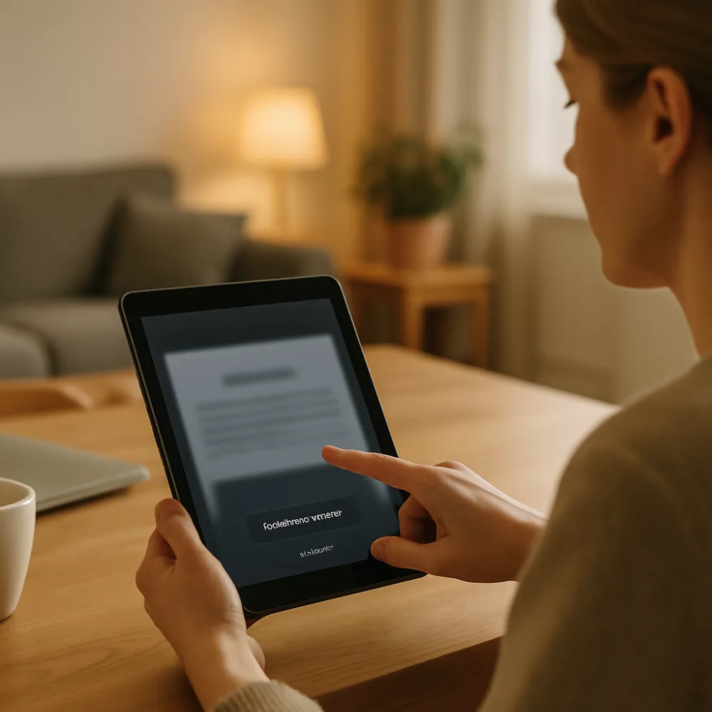 Hand pekar mot en skärm med avbryt prenumeration, suddig text
