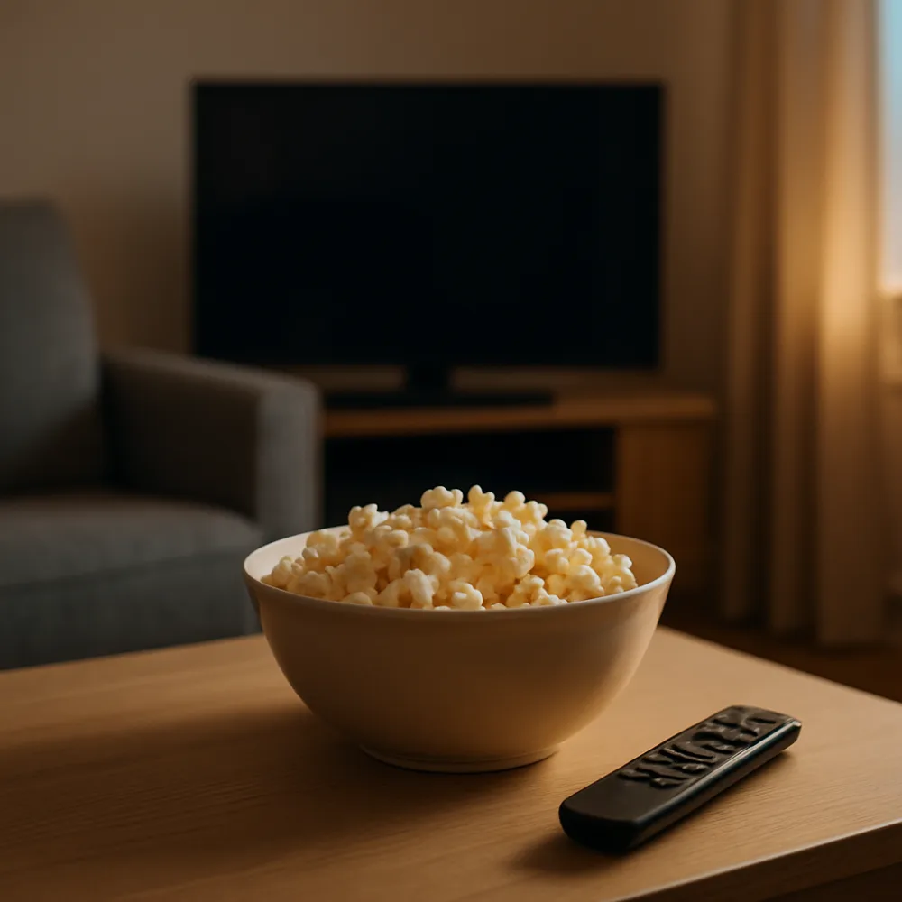 Närbild på fjärrkontroll och popcornskål på soffbord med suddig TV i bakgrunden