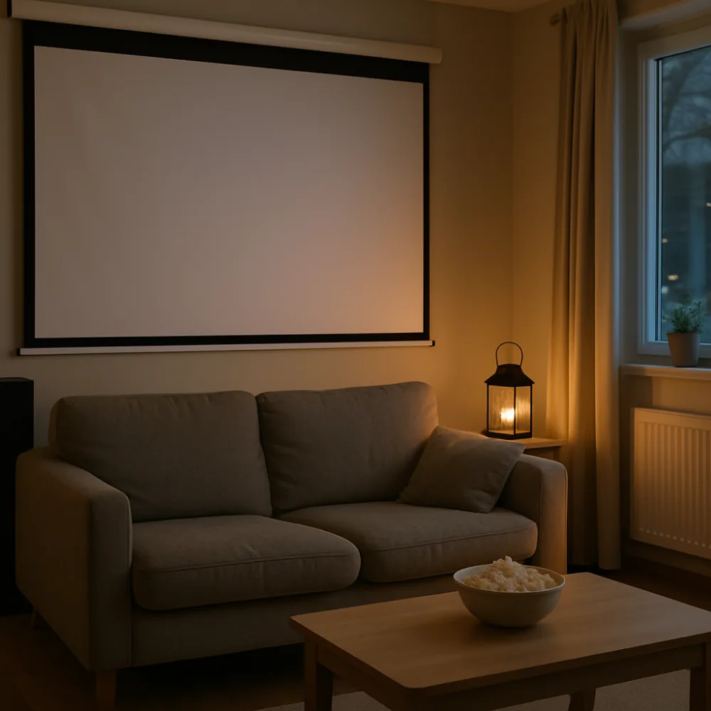 Mysig hemmabio med soffa och lykta framför projektorduk i nordisk miljö
