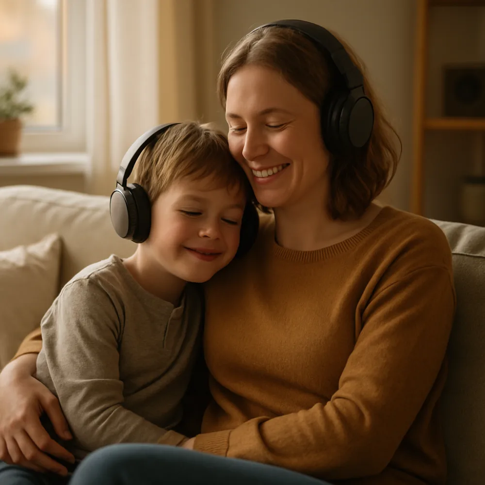 Mamma och barn sitter tillsammans i soffa med hörlurar och lyssnar