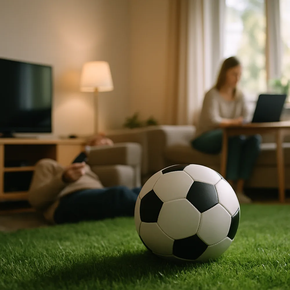 Fotboll på grönt gräs med mjukt naturljus och suddig bakgrund