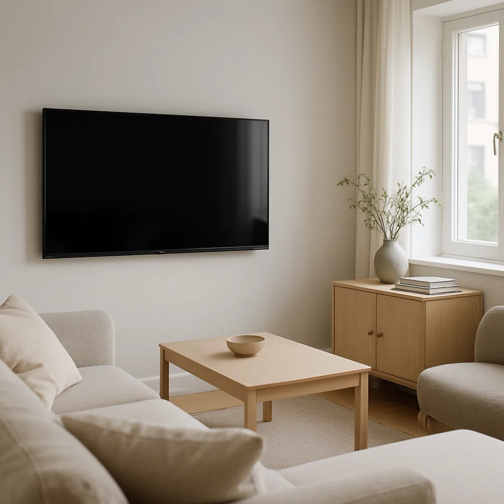 Modern Smart TV hängd på vit vägg i ljust skandinaviskt vardagsrum med mörk skärm