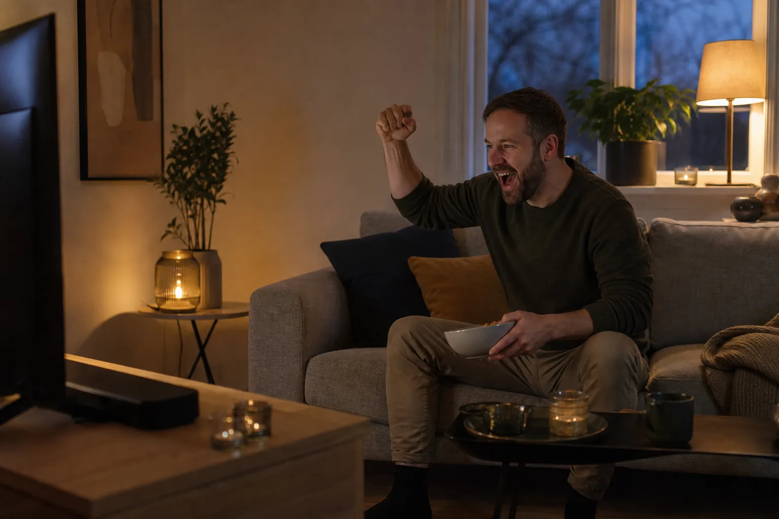 Person tittar glatt på sport i nordiskt vardagsrum, kvällsstämning och lampljus