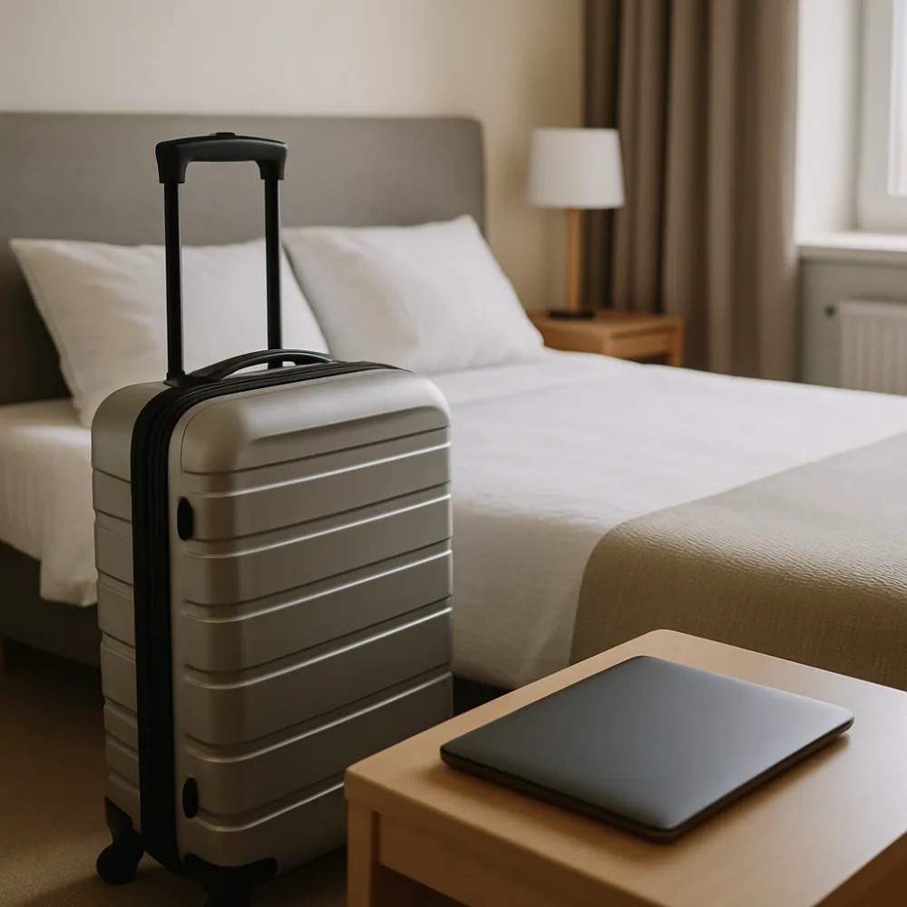 Resväska och bärbar dator på ett hotellrum, varmt neutralt ljus
