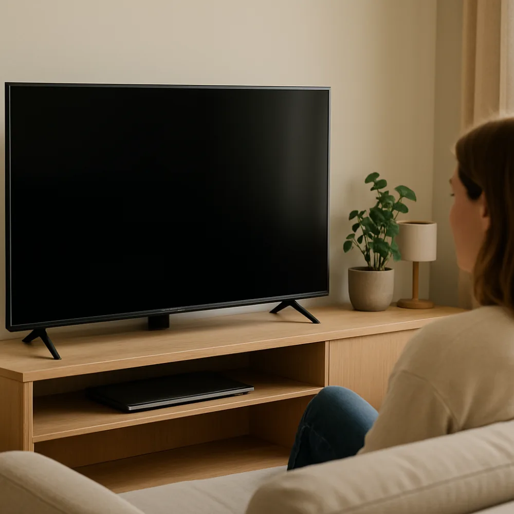 Modern TV-skärm med mörk skärm i minimalistiskt skandinaviskt vardagsrum