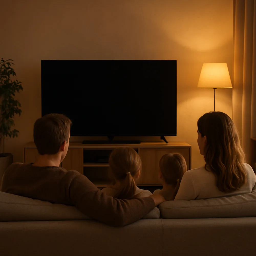 Familj sedd bakifrån i en soffa tittar mot tv, varm lampa lyser, kvällsstämning