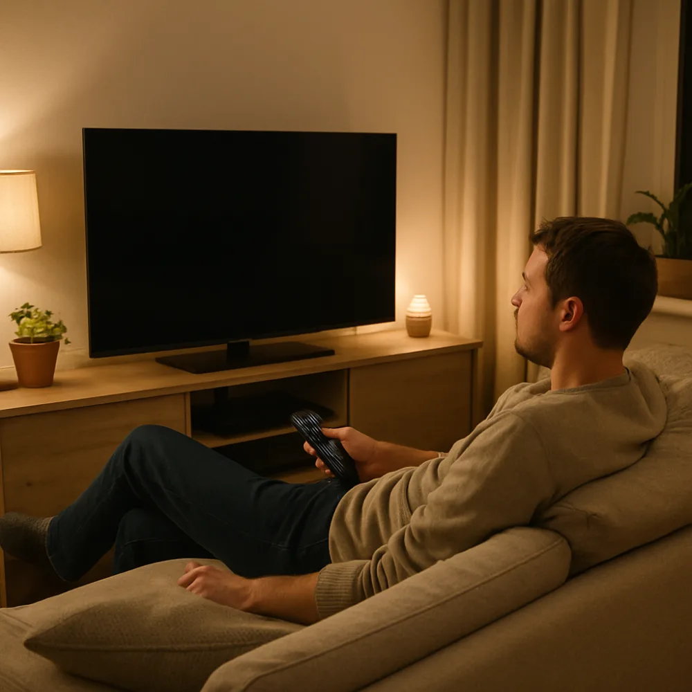 Avslappnad person i soffa tittar på TV utan reklamavbrott, lugn kvällsatmosfär