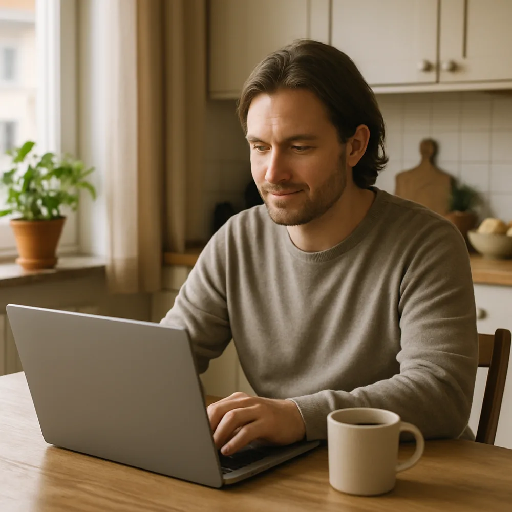Person tittar på omärkt laptop vid köksbordet med kaffekopp i dagsljus