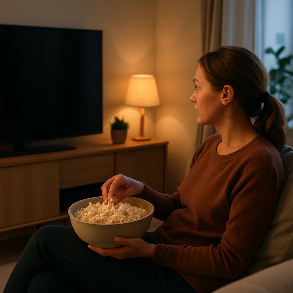 Person sitter i soffa med popcorn framför TV en mysig kväll