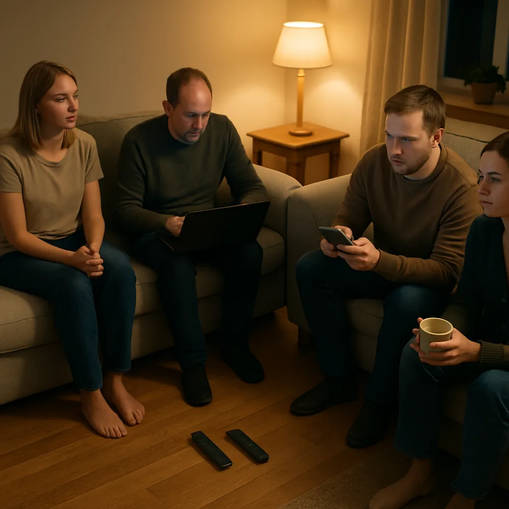 Två soffor sedda ovanifrån med fjärrkontroller på ett nordiskt vardagsrumsgolv